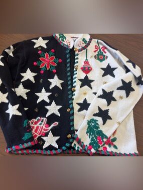 Holiday Star-Pattern Knit Cardigan Sweater in Black & White
